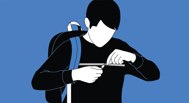 Person with backpack trimming fingernails with clippers indoors