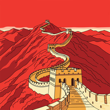 Ancient wall winding over red mountains under a vibrant sky