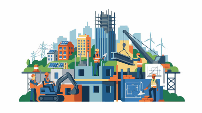 Construction workers build eco-friendly city with renewables