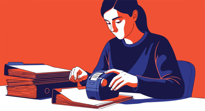 Woman operating label maker at desk with stacked files