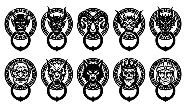 Gothic door knocker vector set with devil demon gargoyle ram and monster face silhouette icons for Halloween