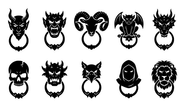 Halloween gothic door knocker black silhouette vector set with devil gargoyle demon and fantasy monster faces