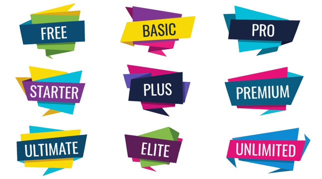 Vector colorful origami banners. Geometric labels for pricing, promotion, and subscription plans free, basic, pro, premium for web design