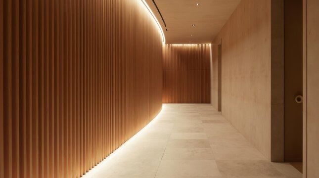 Pasillo contempor&aacute;neo con listones de madera dispuestos r&iacute;tmicamente, iluminaci&oacute;n arquitect&oacute;nica indirecta y paredes de estuco de cal liso