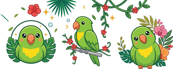 Obraz premium PrintCute Green Parrot Vector Character Set with Tropical Jungle Leaves and Flowers for Children Book Illustration Cards and Sticker Designs