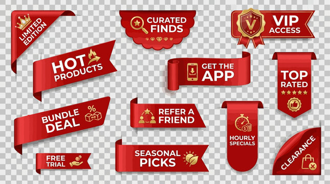 Vibrant promotional sales vector banners and discount tags collection, perfect for e-commerce, special offers, and marketing campaigns with eye-catching ribbons
