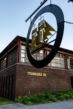 Vaxjo, Sweden June 18, 2026 The exterior of the Utvandrarnas Hus, Emigrants House in translation, in the downtown, and sign.