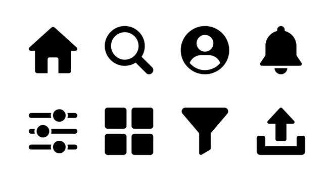 App navigation glyph icon set home search filter upload bell