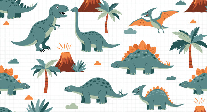 Colorful seamless pattern for children featuring various dinosaurs like t-rex and brachiosaurus along with erupting volcanoes.