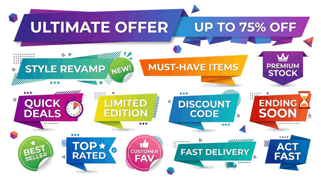 Dynamic vector collection featuring various promotional labels and discount banner elements, ideal for engaging digital marketing campaigns and online store advertisements