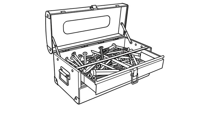 Open toolbox with screws on white background.