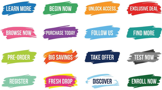 Collection of Call to Action Vector Buttons with Colorful Brush Stroke Backgrounds
