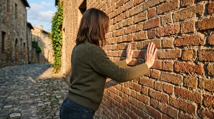 Fototapeta premium Woman leans against old brick wall in a cobblestone alleyway in Italy during golden hour