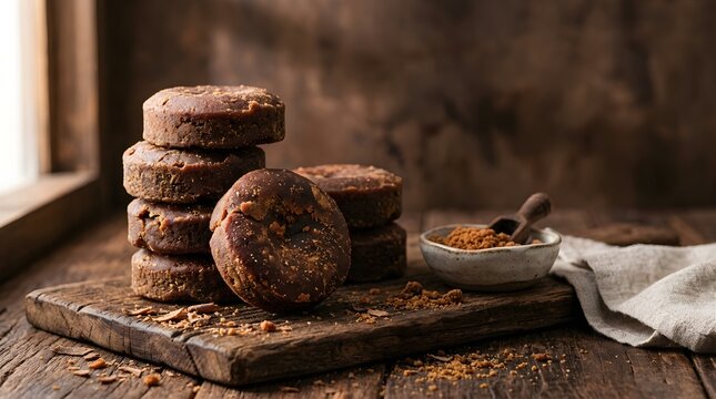 Traditional Indonesian palm sugar (gula jawa) stacked on a rustic wooden cutting board with scattered palm sugar crumbs in a cozy village kitchen