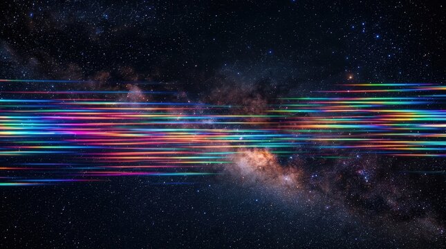 Abstract colorful light streaks across a starry cosmic background, depicting data flow or hyperspace travel.