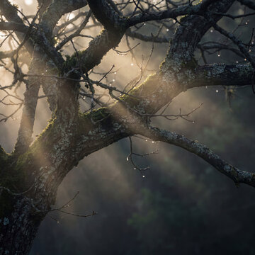 Macro close-up of intricate tree branch intersection covered in green moss with water droplets and ethereal morning fog light rays
