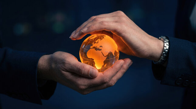 Hand globe light business protection technology network earth held by professional person global connection concept