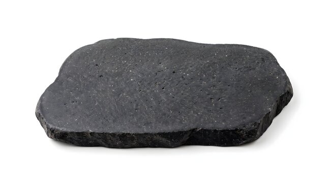 Smooth dark volcanic basalt rock slab showing fine mineral textures, isolated on a solid white background