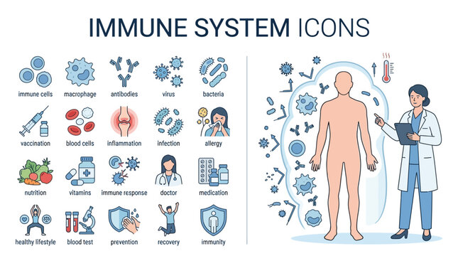 Immune System Icons Illustration Focused on Cells and Antibodies.