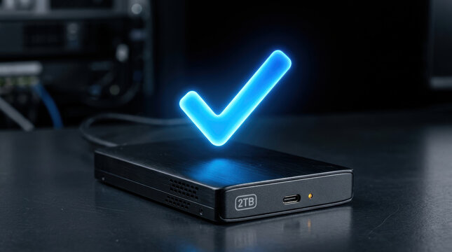 Hard drive, check mark, data backup, storage device, glowing symbol above external drive on dark desk, secure digital archive