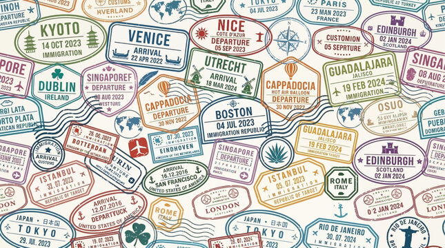 Colorful vector pattern of international travel visa stamps and passport marks, depicting global journeys and exploration adventures
