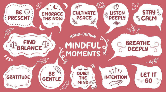 Hand-drawn vector illustrations of speech bubbles and elements with mindfulness phrases for mental wellness, self-care, and positive affirmation concept