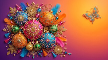 Obraz premium Vibrant and colorful artistic composition featuring an array of decorative elements arranged on a gradient background transitioning from deep purple to bright orange. The layout is asymmetrical, with 