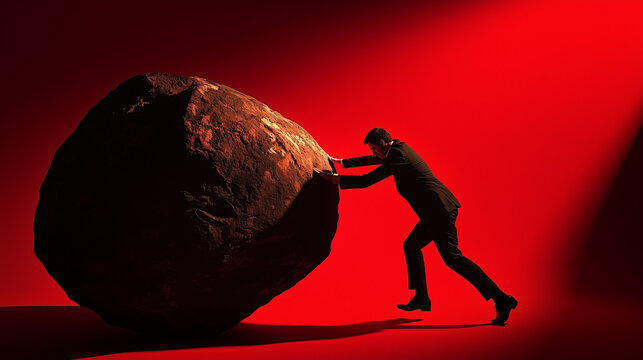 Man in a black suit struggling to push a massive rock uphill