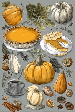 Autumn harvesting pumpking pie, squash and coffee treats, vertical