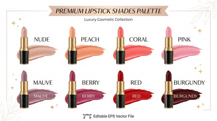 Premium lipstick shades palette with nude peach coral pink mauve berry red © Zara