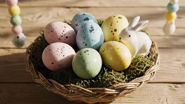 Colorful Easter eggs are arranged in woven basket with rabbit figurines. Bright wooden setting is festive and inviting. Concept of holiday decor, celebration, gift shops