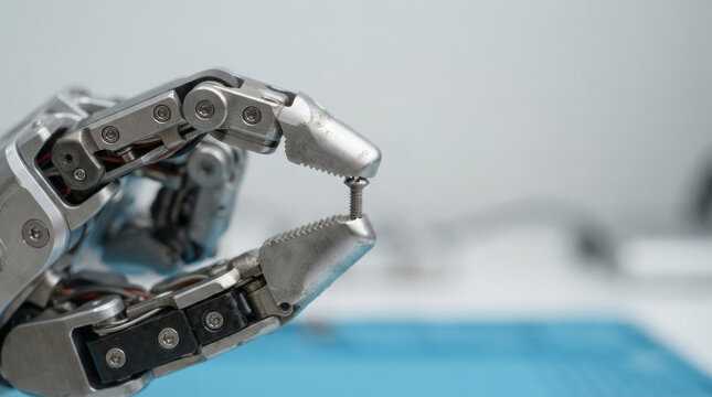Robotic finger screw gripper metal automation precision engineering technology close up robotic hand holding tiny screw