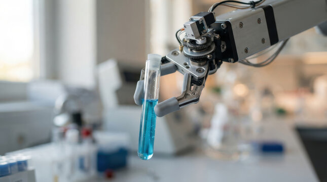 Robotic gripper test tube laboratory automation science liquid experiment technology handling blue sample in research lab