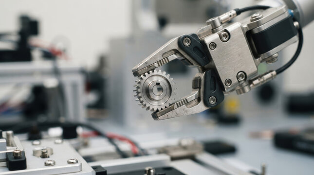 Robotic gripper gear automation metal claw holding machinery in factory lab with precise tool control and neutral focus