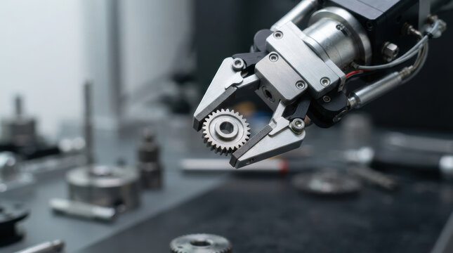 Robotic gripper gear automation industry machinery metal tool precision factory arm holding cogwheel in workshop