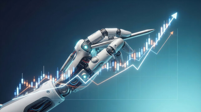 Robotic hand financial chart technology automation stock market growth trend data trading investment digital future pointing upward
