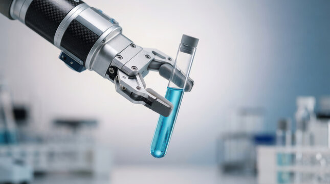 Robotic gripper test tube laboratory automation blue liquid precision research technology holding sample in sterile lab setting