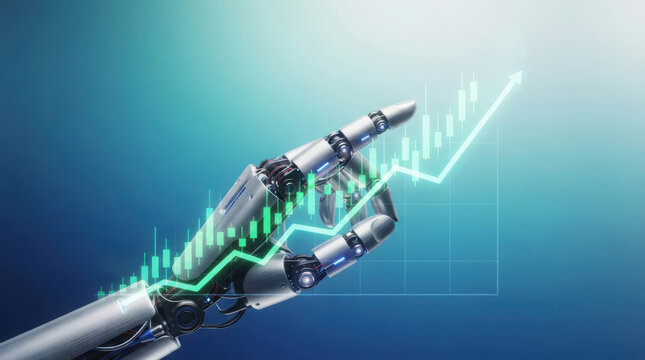 Robotic hand financial chart technology investment growth automation market data glow innovation analytics
