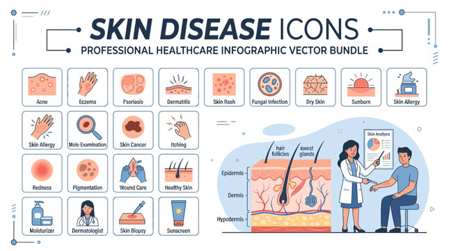 Dermatology skin disease icons and clinic consultation illustration.
