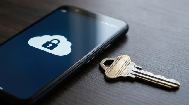 Cloud key security phone lock screen privacy access authentication cyber security on device beside metal key on wooden table