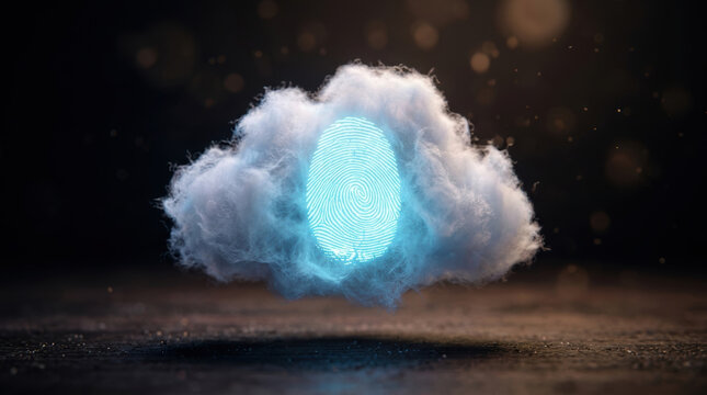 Fingerprint cloud glowing security biometric identity soft cloud holding luminous fingerprint dark background digital access