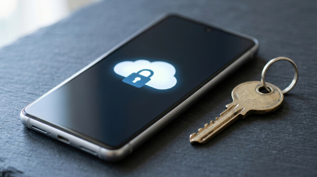 Smartphone cloud key lock security privacy access data phone with cloud lock symbol beside metal key on table