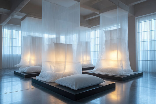 Vertical Arrangement of Ethereal Pillows in Minimalist Space