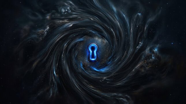 Keyhole cloud dark glowing swirl space blue mystery, glowing keyhole in dark cloud swirl suggests secret portal and mystery in deep space
