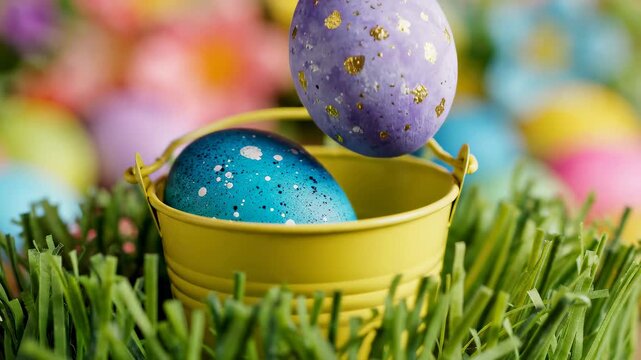 Colorful easter eggs drop into yellow bucket on grass with pastel decorations in background. Bright festive setting captures joy of easter celebrations
