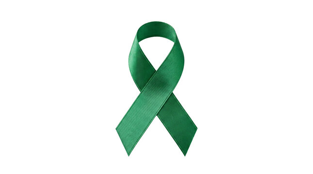 Green awareness ribbon for mental health, emerald satin ribbon symbol for liver cancer and kidney disease, medical support icon isolated PNG with Transparent Background