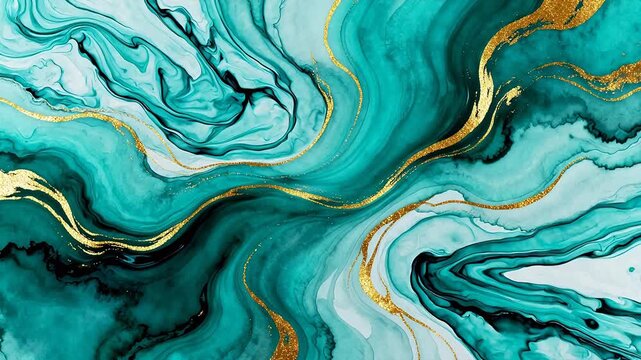 Abstract swirling teal and gold patterns