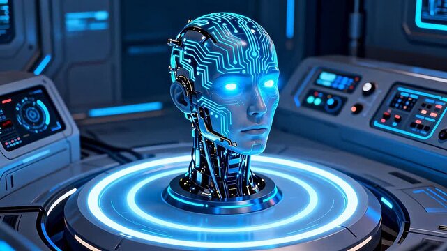 Futuristic robot head with glowing circuits