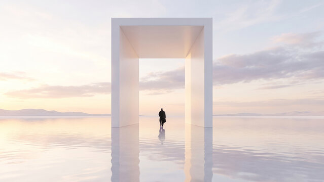Businessman walking through large white doorway in surreal reflective landscape. Concept of business transformation, leadership vision, career transition and future opportunities.