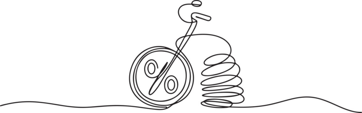 Single line drawing of a percentage sign on a coin with a spring